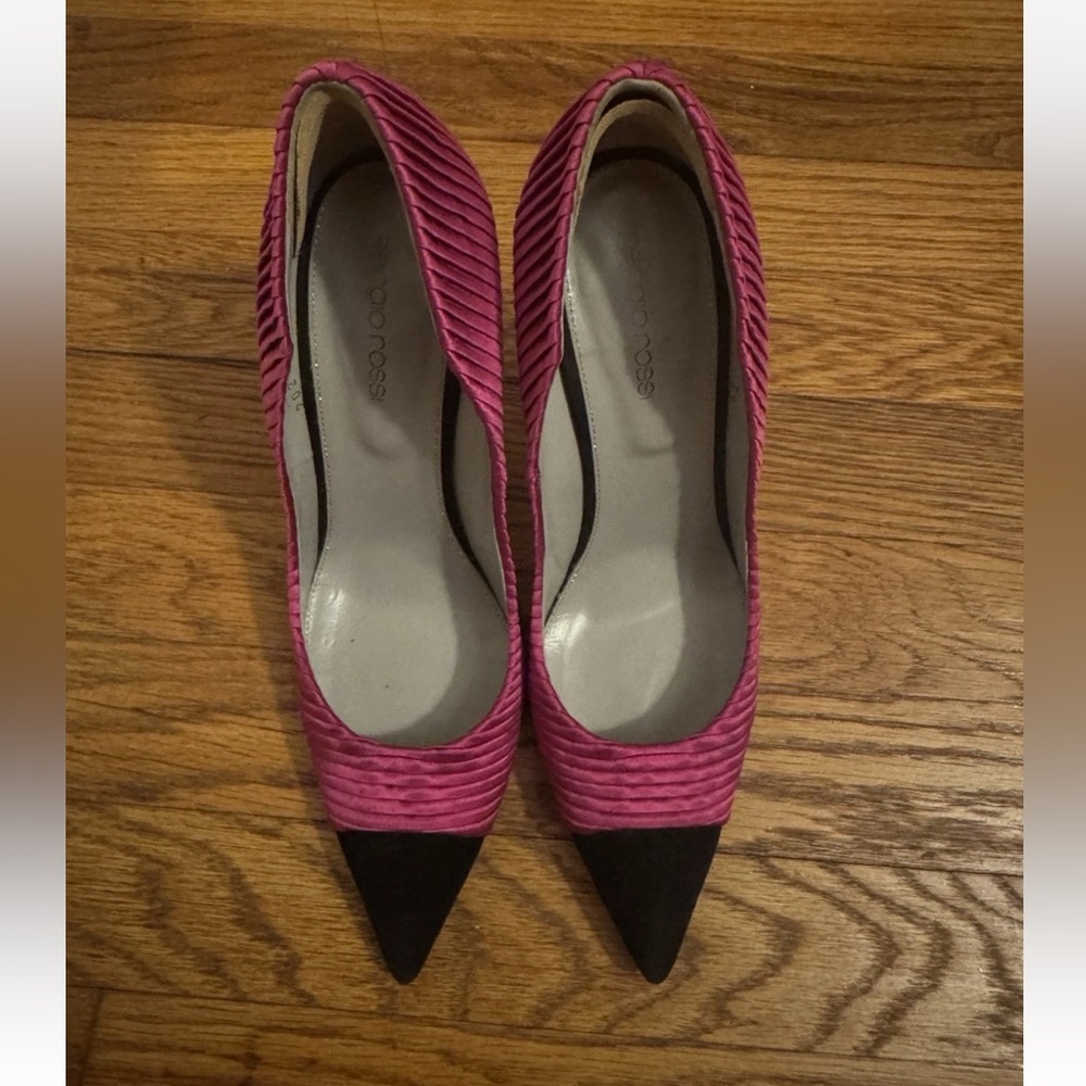 SERGIO ROSSI SATIN PINK PLEATED BLACM SUEDE POINT STILETTOS HEELS SZ 39 IT / 8.5